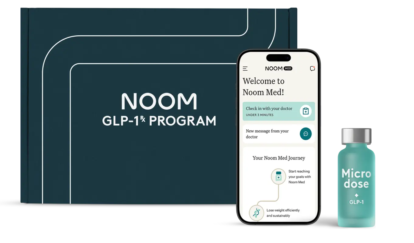 Noom GLP-1 program kit with app and medication visuals.
