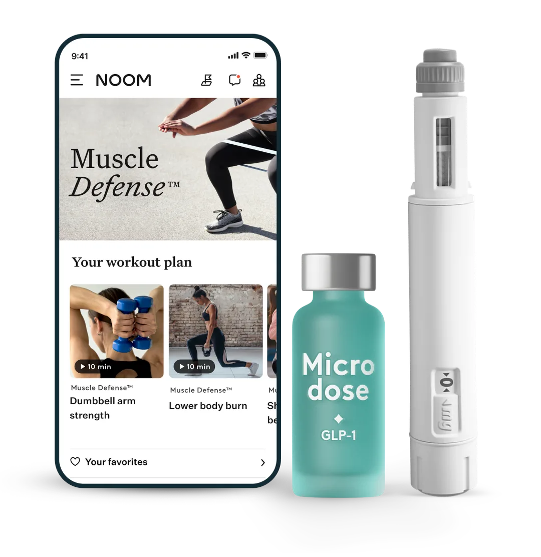 Noom app on a phone next to GLP-1 medication products
