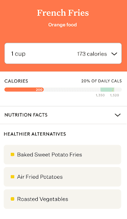 In-app Screen Capture of Healthy Swaps:
French Fries (Orange food)
1 cup = 173 calories
Healthier Alternatives:
Baked Sweet Potato Fries
Air Fried Potatoes
Roasted Vegetables