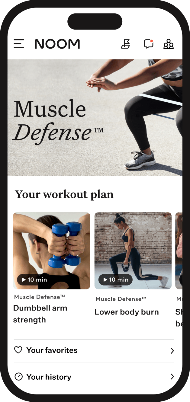 Noom app screen showing Muscle Defense workout guidance